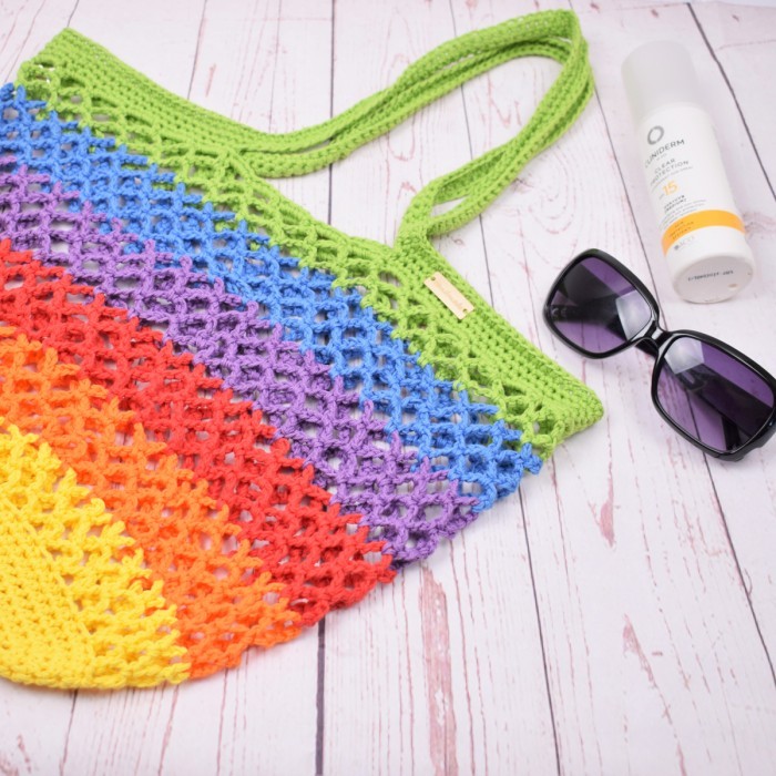 Handmade Rainbow Crochet Beach Market Tote with Flower Face Key Chain